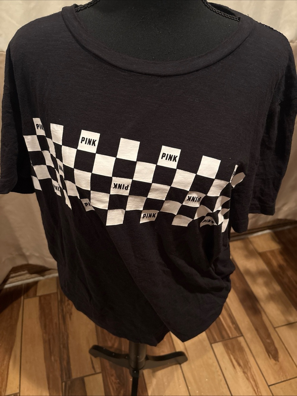 PINK Victoria's Secret Black Crewneck Checkerboard Graphic Tee